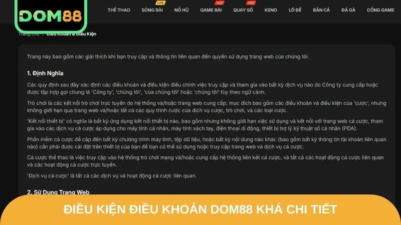 Điều kiện điều khoản DOM88 khá chi tiết